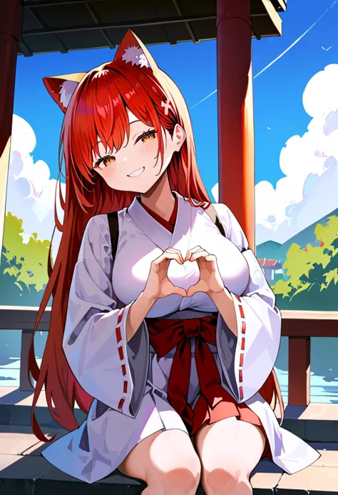 1 girl, red hair, cat ears of the same color as the hair (red), very long hair, large breasts, brown eyes, miko, shrine,outdoors...