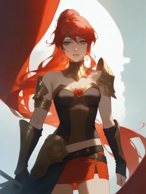 a woman with red hair and a sword standing in front of a red flag