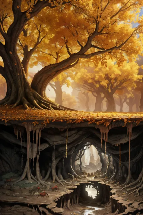 csu, cross-section, from side, fantasy landscape , masterpiece, best quality, CG, wallpaper, HDR, high quality, high-definition, extremely detailed , 
a golden tree, tree hollow, branches, golden falling leaves, no humans, ,  csu, cross-section, from side, fantasy landscape , masterpiece, best quality, CG, wallpaper, HDR, high quality, high-definition, extremely detailed , 
underground, roots, burrow, cave, darkness, corruption, rot, (too many ants), fish, (mud, stagnant water), dimly lit, <lora:Cross_section_underground:0.6>  <lora:eldenRingStyle_v3:0.7>