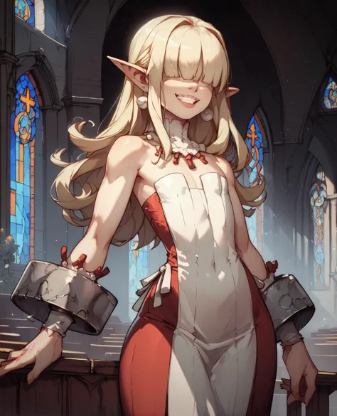 score_9,score_8_up,score_7_up,
Clergyxl,pointy ears,hair over eyes,blonde hair flat chest,smile,teeth,long hair,hips,
bare shoulders,white strapless dress,pearl earrings,wrist cuffs,wristband,neck brace,
church,underworld,<lora:Clergy:1>,