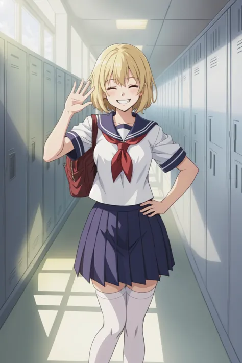 1girl, schoolgirl, school uniform, waving at viewer, hallway, lockers, pov, closed eyes, happy, blonde hair, grin, hand on hip, short hair, serafuku, white stockings, windows, sunlight, god rays, volumetric lighting, 2d, (anime), detailed, illustration, intricate