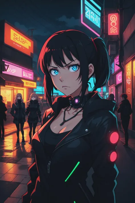 1girl, closeup, upper body, cyberpunk, disdain, sidewalk, neon lights, (night, dark, darkness), hard shadows, 2d, (anime), detai...