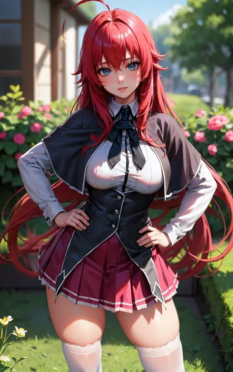 ((masterpiece, best quality)), insaneres, absurdres, solo, looking at viewer, 
ANIME_DxD_Rias_Gremory_ownwaifu, 
1girl, bangs, long hair, red hair, breasts, large breasts, rias gremory, blue eyes, hair between eyes, very long hair, collarbone, hair intakes,  hair over breasts, 
black capelet, black corset, collared shirt, kuoh academy school uniform, layered skirt, underbust, school uniform, skirt, shirt, long sleeves, purple skirt, ribbon, miniskirt, neck ribbon, thighhighs, black ribbon, 
(contrapposto, hand on hip)depth of field, vanishing point, garden, sidelighting,