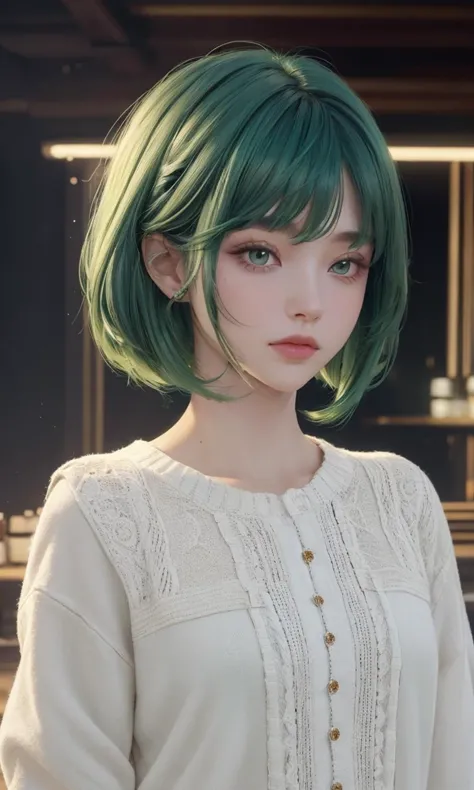 lbobh2024, 1 girl, best quality, masterpiece, cinematic lighting, long bob hairstyle, green hair, pale skin,