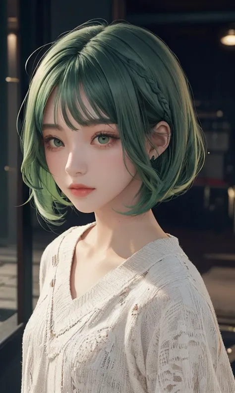 lbobh2024, 1 girl, best quality, masterpiece, cinematic lighting, long bob hairstyle, green hair, pale skin,