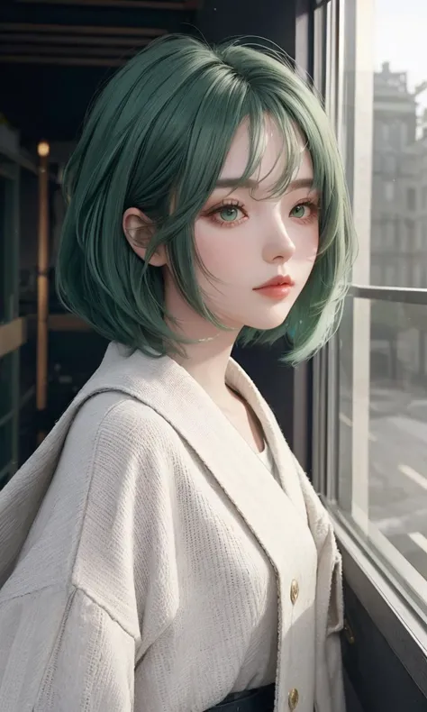 lbobh2024, 1 girl, best quality, masterpiece, cinematic lighting, long bob hairstyle, green hair, pale skin,