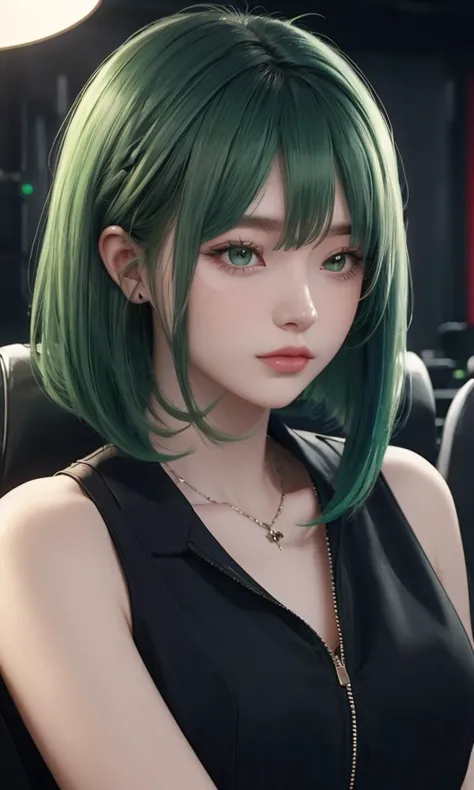 lbobh2024, 1 girl, best quality, masterpiece, cinematic lighting, long bob hairstyle, green hair, pale skin,