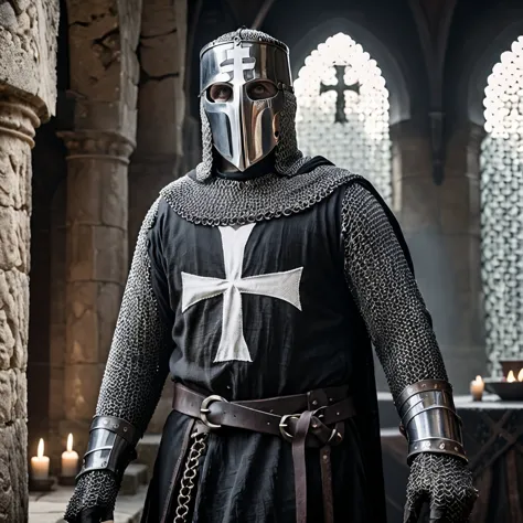 masterpiece, male templar, wearing a black t3mpl4rtunic with white cross on it, chainmail, accent lighting, 8K, uhd, dslr, film ...