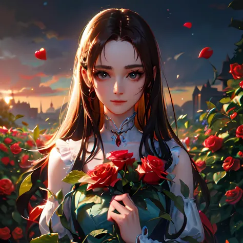 anime girl with long hair holding a rose in a field