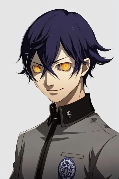 a man with blue hair and yellow eyes in a gray jacket