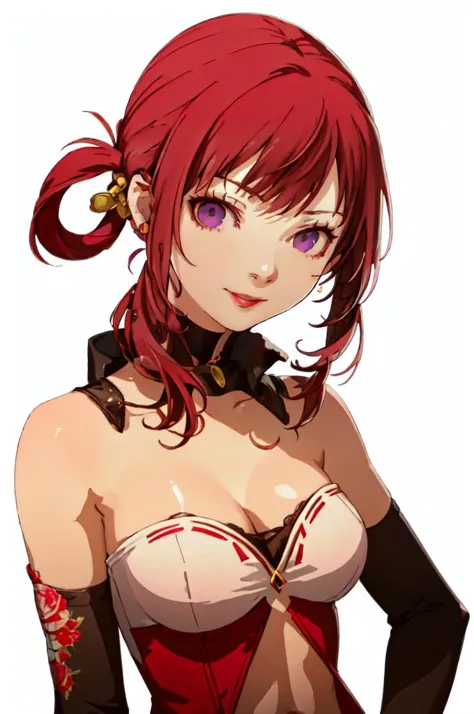 <lora:P4-Protraits-V2_Fp:0.8> simple background, portrait, transparent background, (white background),, absurdres, ultra detailed, masterpiece, best quality, aesthetic, detailed,, solo, seductive smile, red lips,
1girl, purple eyes, red hair, blunt bangs, large breasts, <lora:hair_rings:1> low hair rings, <lora:EllaNyan:1>,, taut clothes, choker, bandeau, elbow gloves, taut shorts, lowleg shorts, navel, groin tendon, belt, patterned legwear, pantyhose, (pantyhose under shorts:1.2), high heel boots,