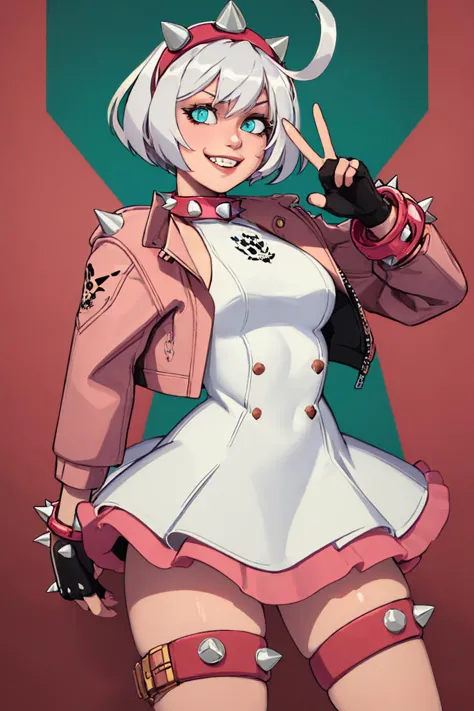 (masterpiece, best quality:1.2), solo, 1girl, striveelphelt, grin, looking at viewer, peace sign, ahoge, hairband, jacket, dress...