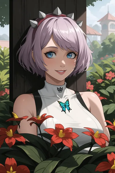 <lora:guiltygear_strive_elphelt_v11-10:1>, (masterpiece, best quality:1.2), striveelphelt, 1girl, solo, beautiful dark blue eyes, inviting smile, sleeveless, outdoors, botanical garden, butterflies, hummingbirds, flowers, plant, tree, orchid house, garden tours, garden tea parties, butterfly pavilion, pxint, portrait, looking at viewer, detailed face, droplets, flowing, with a splash of paint, rim lighting, (abstract:0.8)