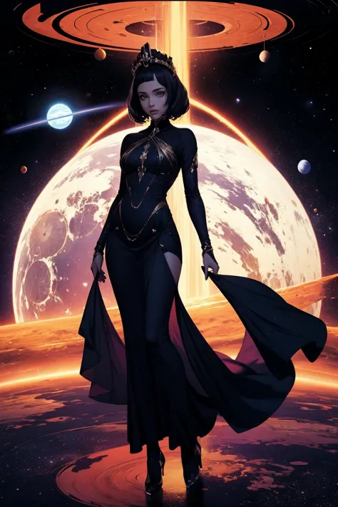 a woman in a black dress standing in front of a planet