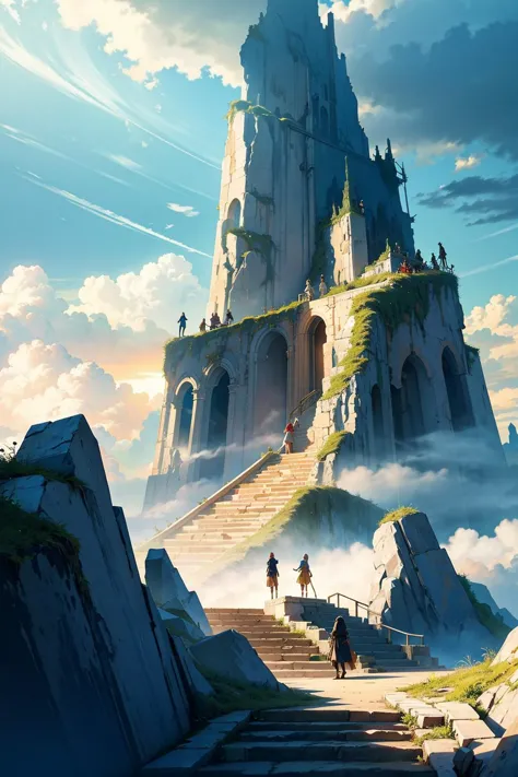 a painting of a castle on a mountain with stairs leading up to it