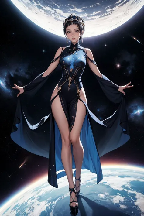 Futuristic-space-empress-dress-with-a-structured-silhouette-and-cosmic-patterns in-a-thematic-scene full-body-which-takes-the-majority-of-the-space