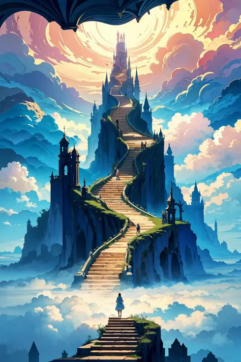 a painting of a castle on a hill with stairs leading to it