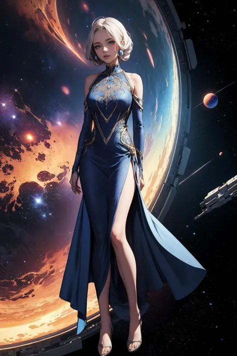 a woman in a blue dress standing in front of a planet