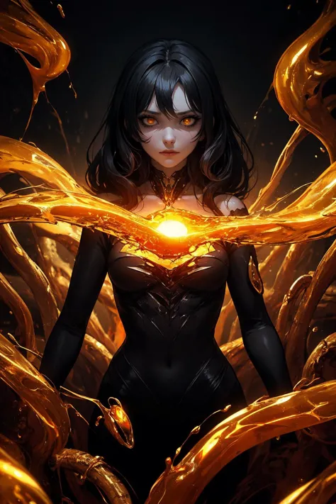 a woman in a black suit with a glowing heart in her hands