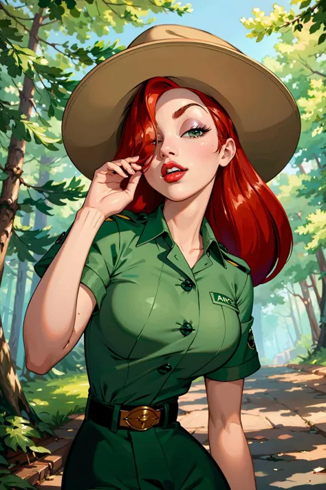 a woman in a hat and green dress is walking through the woods