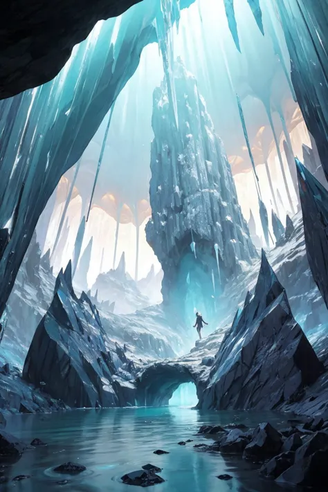 a person standing in a cave with a waterfall and ice formations