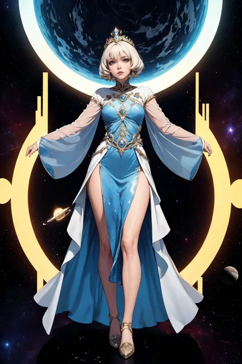 a woman in a blue dress and a crown standing in front of a planet