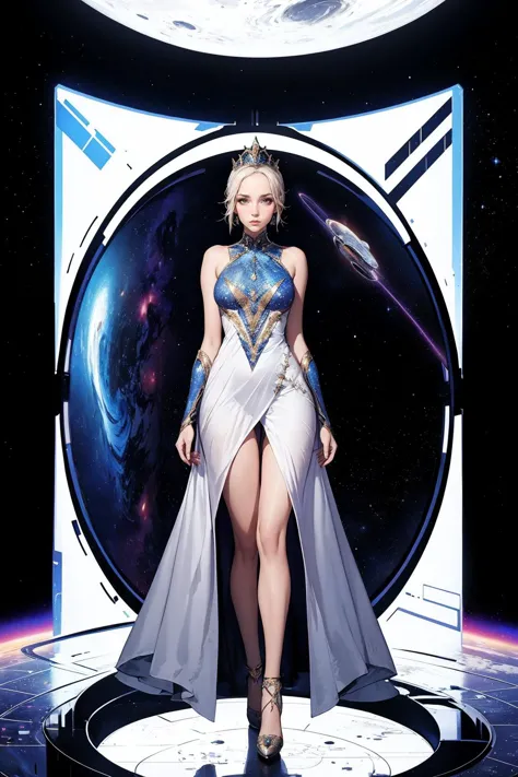 Futuristic-space-empress-dress-with-a-structured-silhouette-and-cosmic-patterns in-a-thematic-scene full-body-which-takes-the-majority-of-the-space