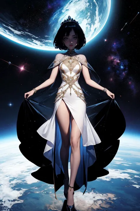 Futuristic-space-empress-dress-with-a-structured-silhouette-and-cosmic-patterns in-a-thematic-scene full-body-which-takes-the-majority-of-the-space