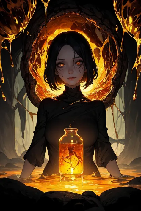 a woman sitting in front of a jar of fire with a snake in it