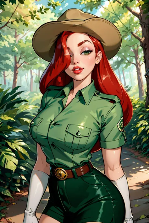 a woman in a green uniform and hat standing in the woods