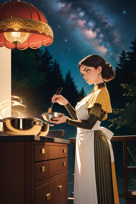 a woman in a dress cooking in a kitchen under a lamp