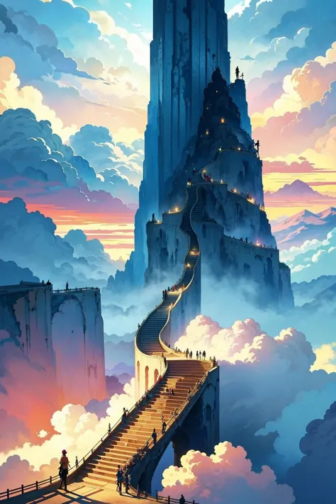 a painting of a stairway leading to a castle in the sky