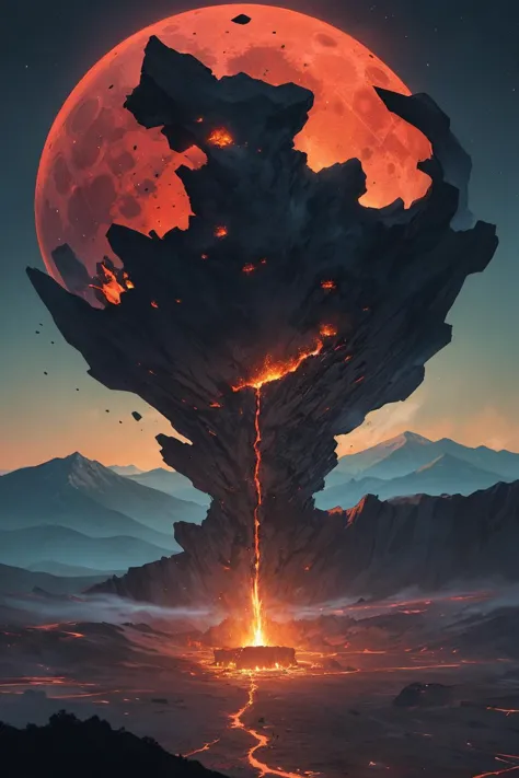 a large volcano with lava pouring out of it in front of a full moon