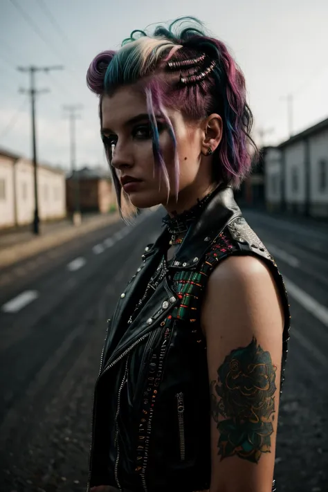 a close up of a woman with colorful hair and piercings