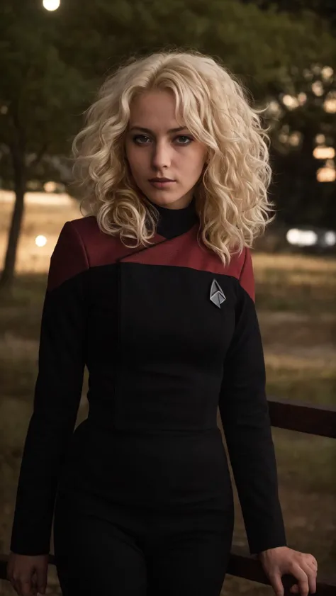 a woman in a black and red shirt standing next to a fence