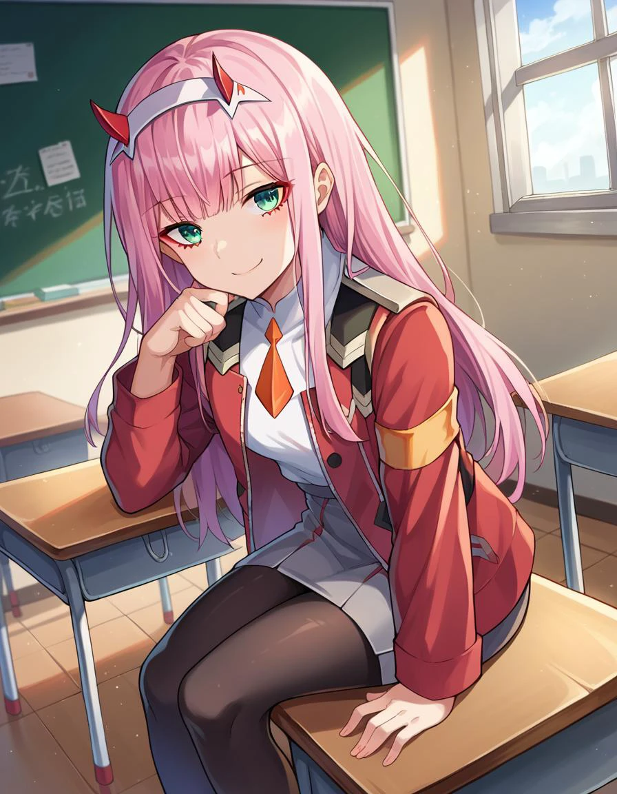 score_9, score_8_up, score_7_up, source_anime,
zerotwo, zero two, green eyes, hairband, horns, long hair, pink hair, red horns, white hairband, smile,
jacket, leggings, red jacket, white footwear,
indoors, classroom, sitting, desk, table,
looking at viewer, cowboy shot, dutch angle,