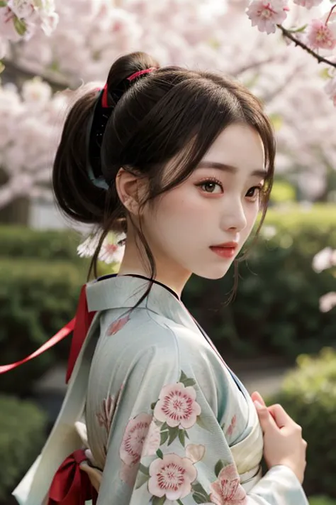beautiful, solo, best quality, High detailed, 
outdoor,
1girl, beautiful face, kimono, ponytail, long hair, ribbon