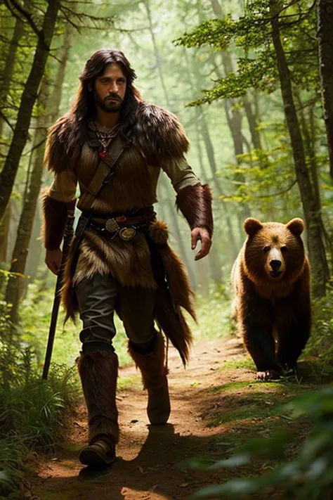 a human druid in the style of dnd , a druid walks next to a bear in the forest,