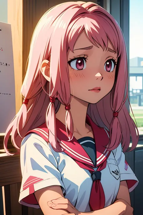 anime girl with pink hair and a school uniform looking at a white board