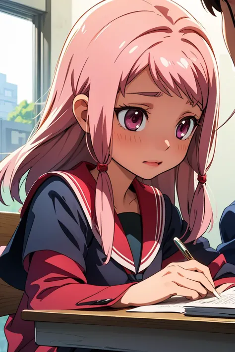 anime girl with pink hair sitting at a desk writing on a notebook