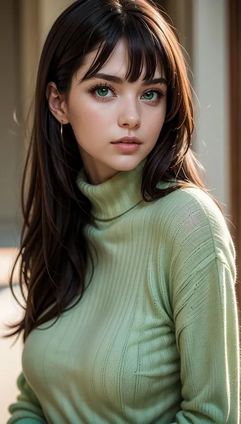 a close up of a woman with long hair wearing a green turtle neck sweater