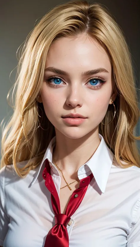 blonde woman with blue eyes and a red tie posing for a picture