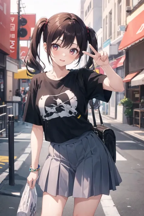 1girl, casual clothes, t-shirt, pleated skirt, twintails, long hair, short sleeves, standing, outdoors, peace sign