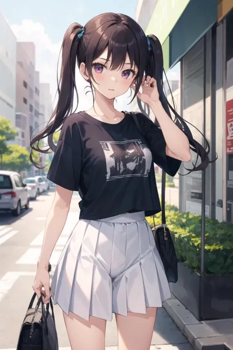 1girl, casual clothes, t-shirt, pleated skirt, twintails, long hair, short sleeves, standing, outdoors, hand in own hair