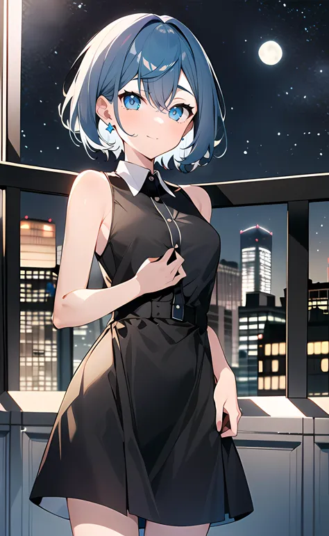 1girl, short hair, blue hair, blue eyes, black dress, collared dress, sleeveless dress, bare shoulders, bare arms, night, night ...