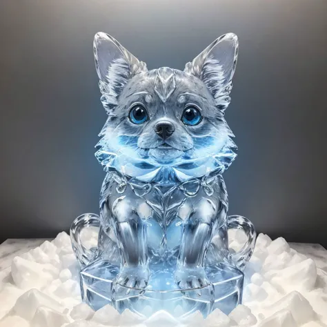 a close up of a crystal dog sitting on a pile of ice