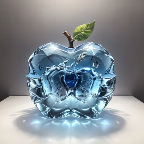 there is a glass apple with a leaf in it on a table