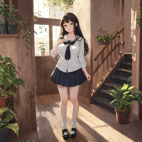 full body shot of Mona Lisa with sideswept bangs wearing a school uniform, serafuku, black ribbon, green eyes, gorgeous smile, large breasts, freckles, standing in a fancy chateau with a large window, shiny wooden floors, staircase, fancy furniture, dappled sunlight, potted plants
BREAK short skirt, Mary Janes with short ruffled socks