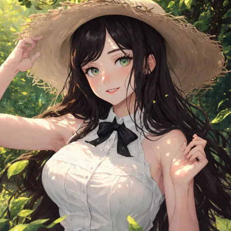 upper body shot of Mona Lisa with sideswept bangs wearing a sleeveless summer dress, white straw hat with a black ribbon, green ...