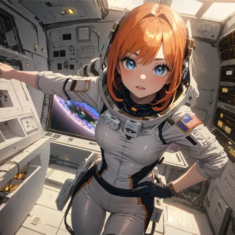 Victorian oil painting of a beautiful girl with short orange hair, blue eyes, twintails
BREAK wearing a spacesuit, NASA astronau...